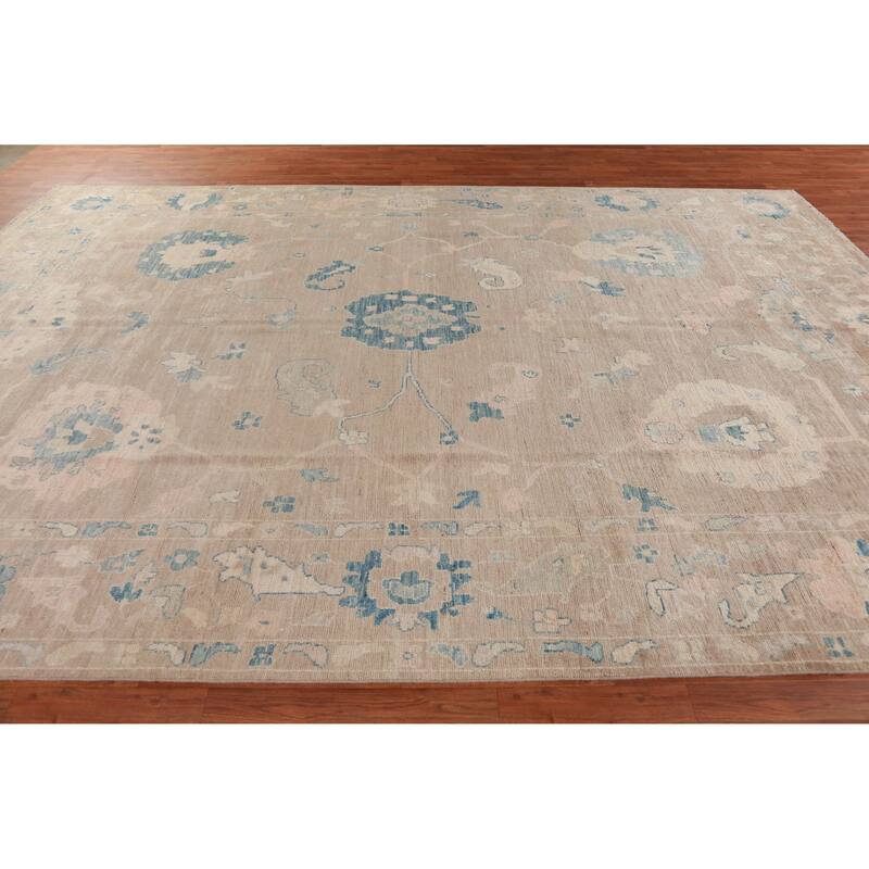 Hand Knotted Oriental 100% Wool Carpet Transitional All-Over Brown Oushak Area Rug - 12' 11'' X 9' 4''