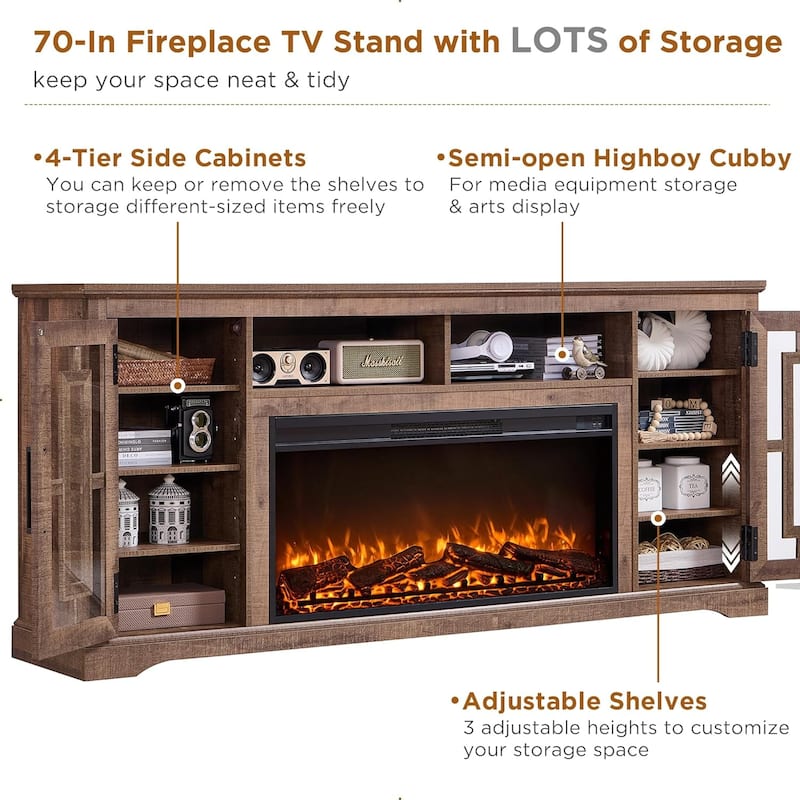 Farmhouse Fireplace TV Stand for 80 Inch TV, Entertainment Center