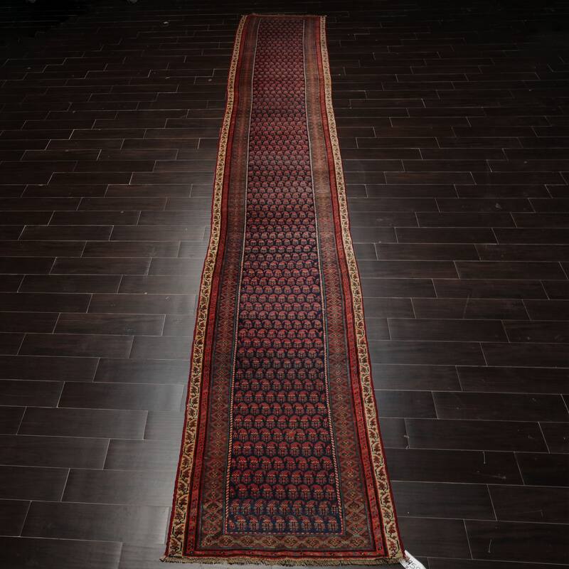 Antique Kerman Traditional Boteh 3'x17'7'' Hand Knotted Wool Navy low pile all over Rug - 3' x 17' 7''