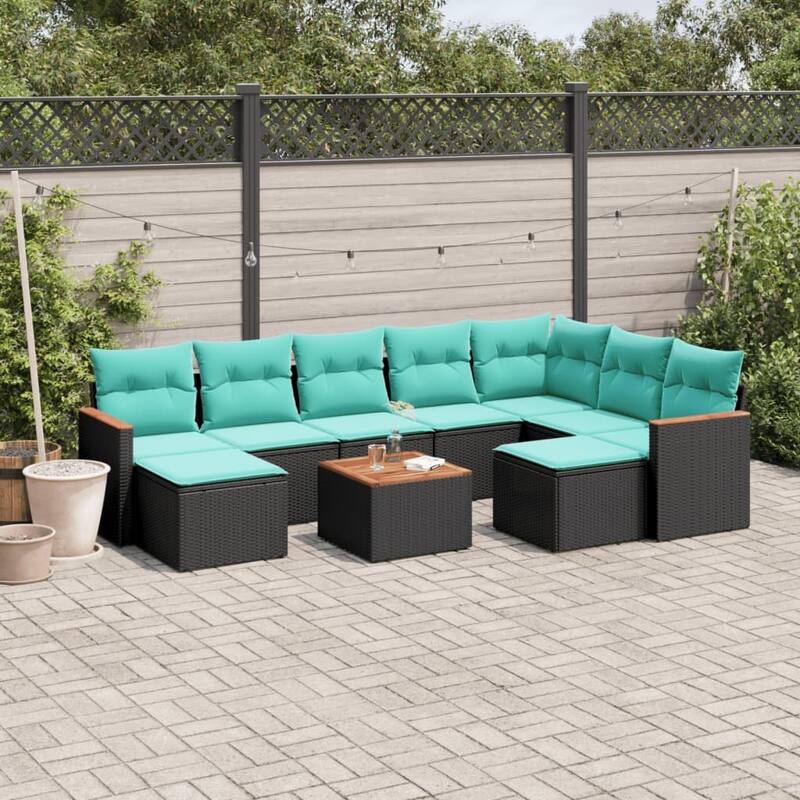 vidaXL 9 Piece Patio Sofa Set with Cushions Black Poly Rattan - 21.7x27.2x24.4-With table