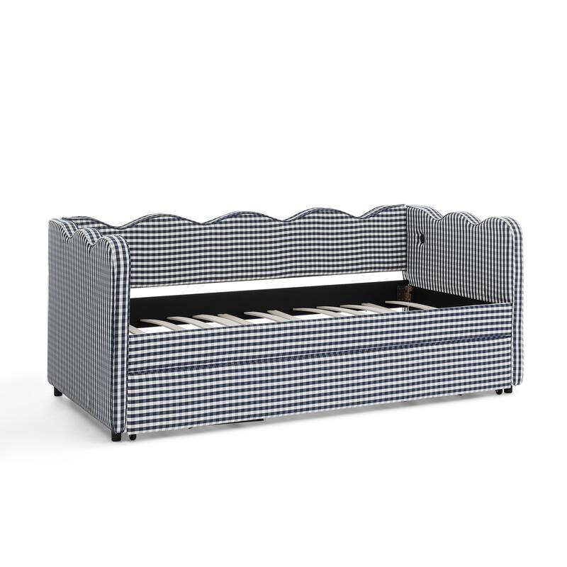 Twin Size Gingham Daybed Upholstered Sofa Bed with Trundle, Wave Shaped Armrest & Backrest, USB Port, No Box Spring Needed