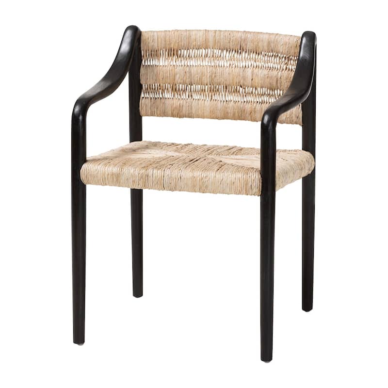 Onda Handwoven Seagrass Dining Chair - Natural Fiber Wicker Armchair with Mahogany Wood Frame for Dining Room or Living Space - Black, Natural Brown