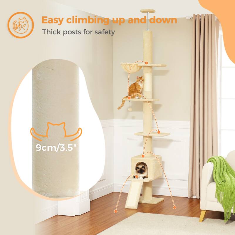 Adjustable Height Floor to Ceiling 5-Tier Tall Cat Tree Tower for Indoor Cats with Cat Condo, Cat Scratching Post and Cat Ladder