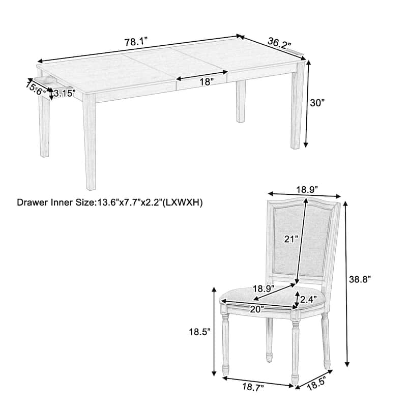 78.1'' Extendable Wood Dining Table Set with Removable Leaf and 6 Upholstered Dining Chairs