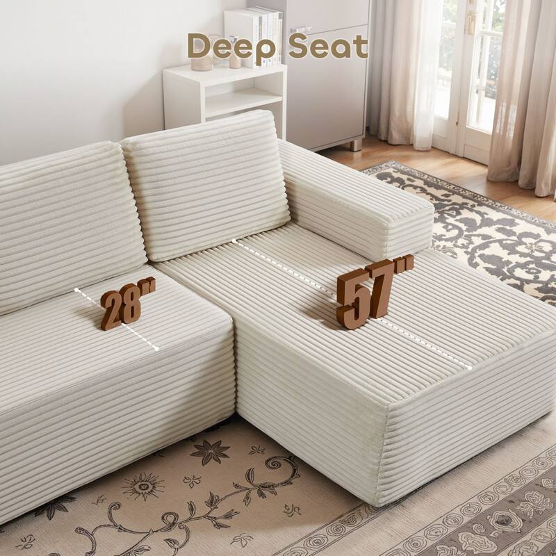 Meyreso No Assembly Required Long Plush L-Shaped Sectional Sofa with Round Nesting Coffee Tables