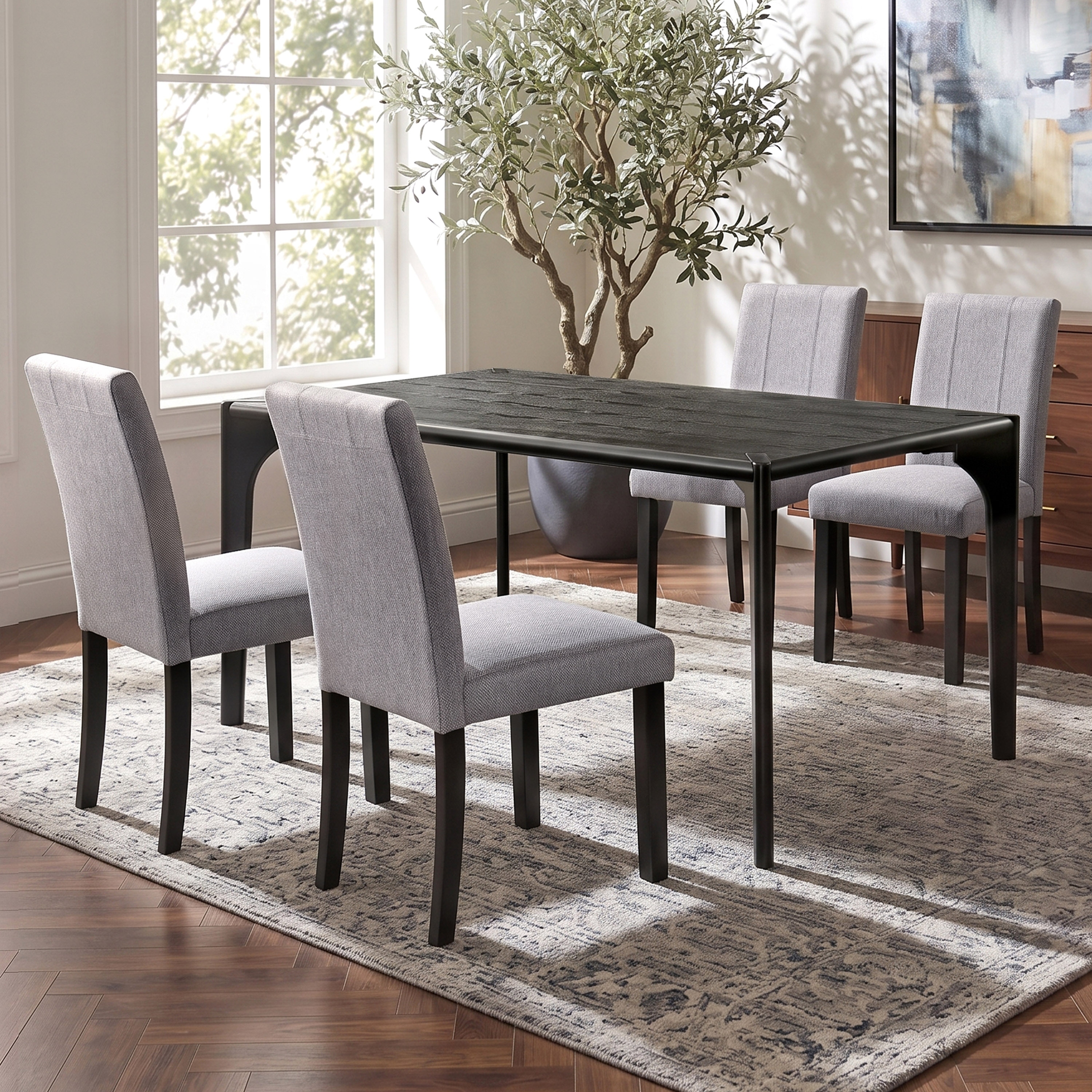 Furniture of America Velmora 5-Piece Black Wood Dining Table Set with Grey Upholstered Side Chairs