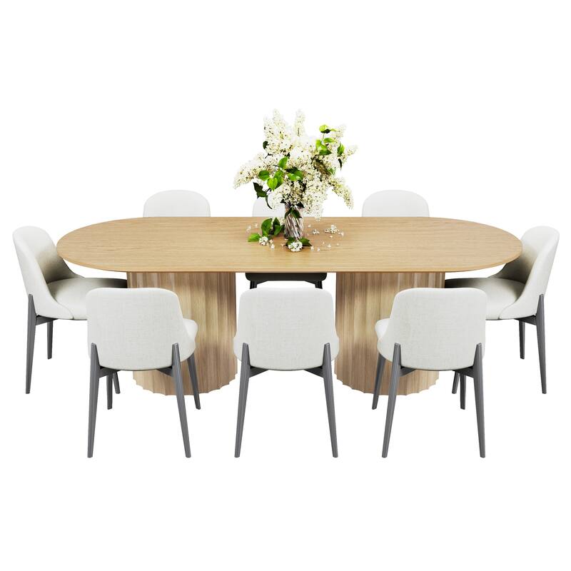 86" Modern Oval Dining Table Set with 8 Upholstered Chairs Black Textured Wood Top & Dual Cylindrical Pedestal Base