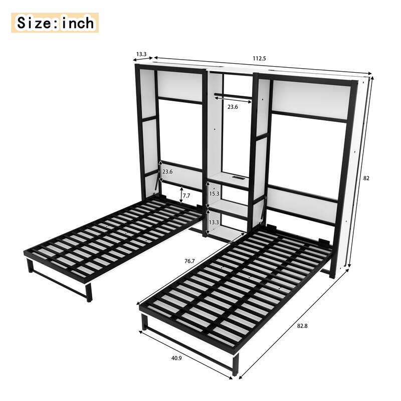 Twin Size Double Murphy Bed Wall Bed, Wooden Foldable Murphy Bed Frame with Wardrobe, Shelves and Charging Station