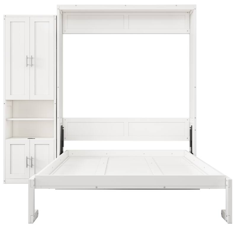 European Style Murphy Bed with Dual Piston System and Side Cabinet, Space-Saving Foldable Wall Bed Wood Bed Frame