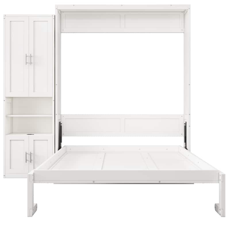 Queen/Full Size White Murphy bed with side cabinets and storage shelves