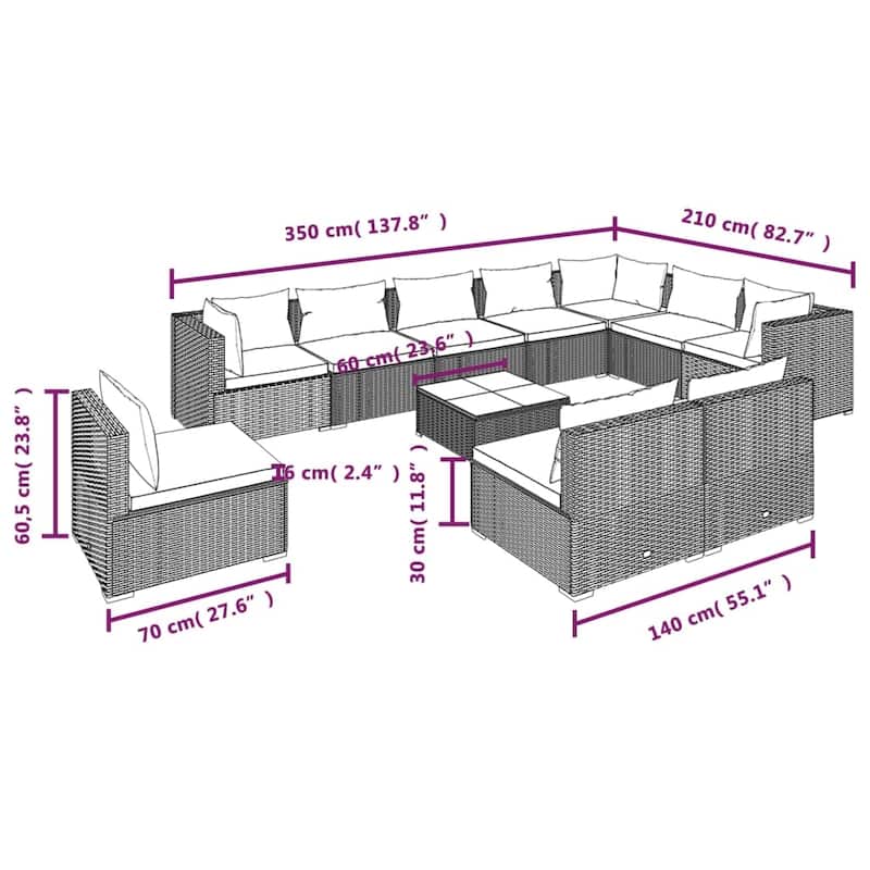 vidaXL Patio Lounge Set Outdoor Sectional Sofa Set Table Garden Poly Rattan - 27.6" x 27.6" x 23.8"