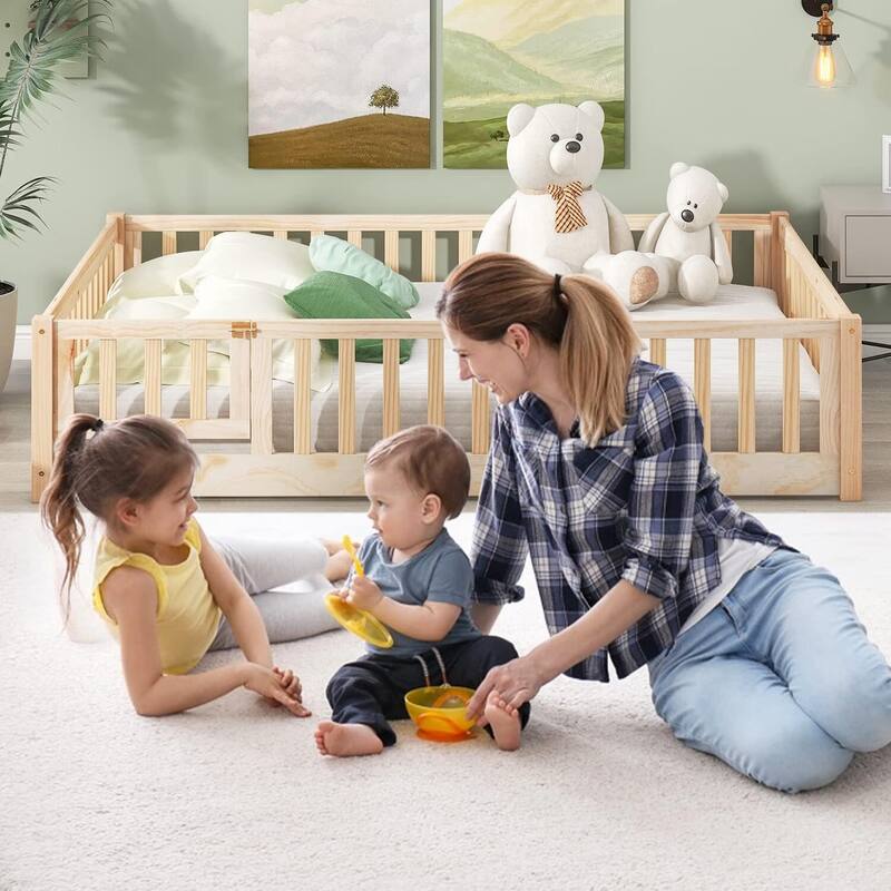 Twin/Full/Queen Size Floor Bed with Safety Guardrails, Toddler Floor