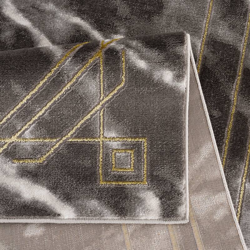 Modern Minimalistic Marble Abstract Grey Charcoal Gold Bordered Area Rug Living Room Bedroom Carpet 4x6 5x8 6x9 8x10