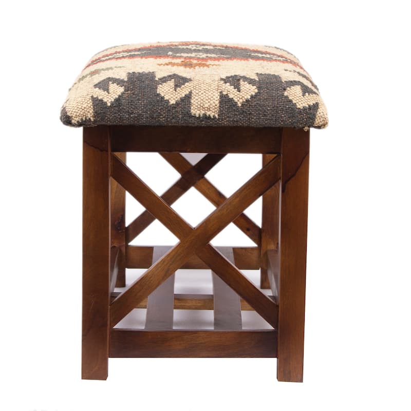 HERAT ORIENTAL Handmade Kilim Upholstered Bench with Shelf - 32"W x 14"D x 16"H