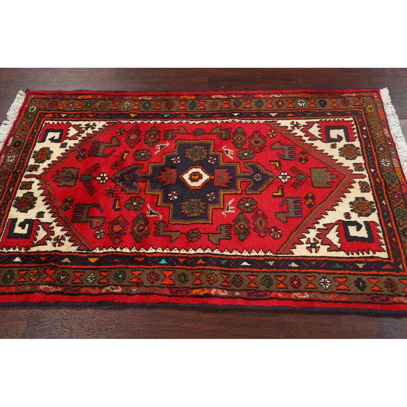 Tribal Geometric Hamedan Persian Area Rug Handmade Wool Carpet - 3'1" x 4'11"