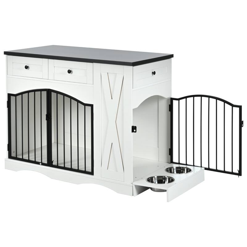 Dog Crate Furniture with 3 Drawers, Indoor Wooden Dog Kennel, Dog Cage End Table with Removable Feeder for Medium Dogs