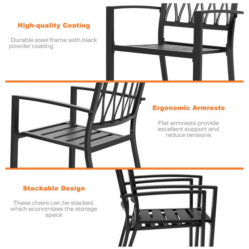 Patio Metal Dining Set with 4 Stackable Chairs and Umbrella Hole, Black