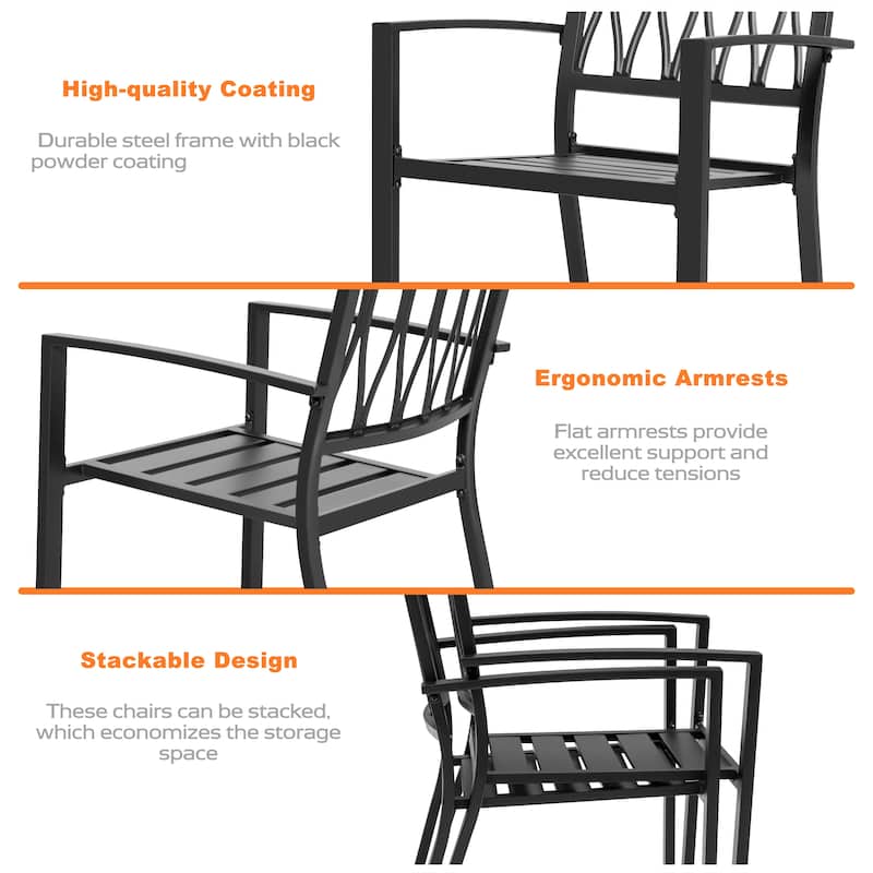Patio Metal Dining Set with 6 Stackable Chairs and Umbrella Hole, Black