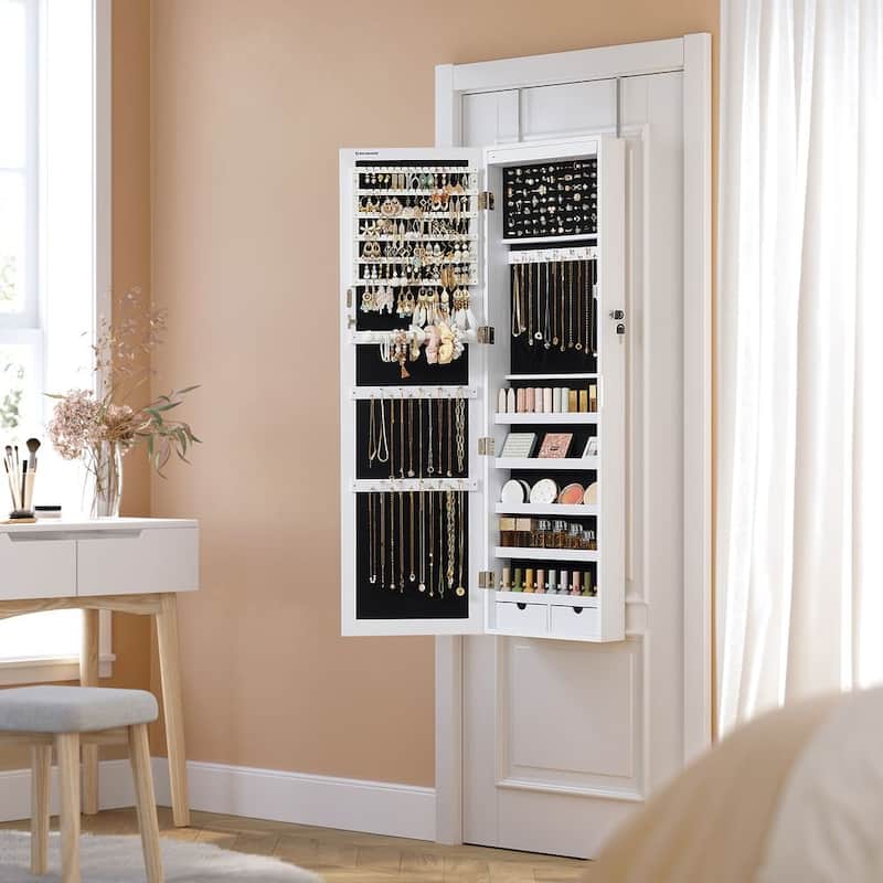 6 LED Lights Wall Mounted Lockable Jewelry Cabinet with Full Length Mirror and 2 Drawers - 47.3"H x 14.5"W x 3.9"D