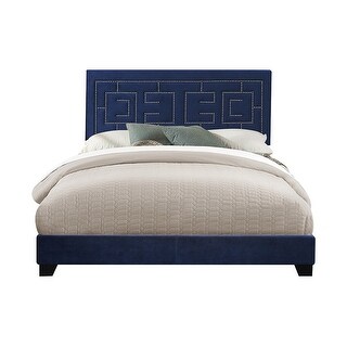 Ishiko III Eastern King Bed Panel Bed with Dark Blue Velvet Padded Headboard
