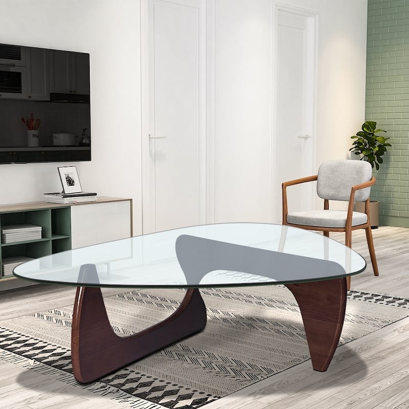 Triangle Glass Coffee Table with Solid Wood Base for Living Room - Espresso