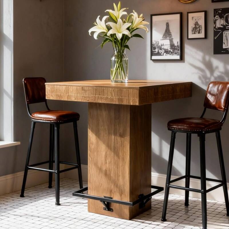 Square Bar Table, 37.4"H Wooden Bistro Pub Table with Metal Footrest for Small Bars, Kitchen Nook