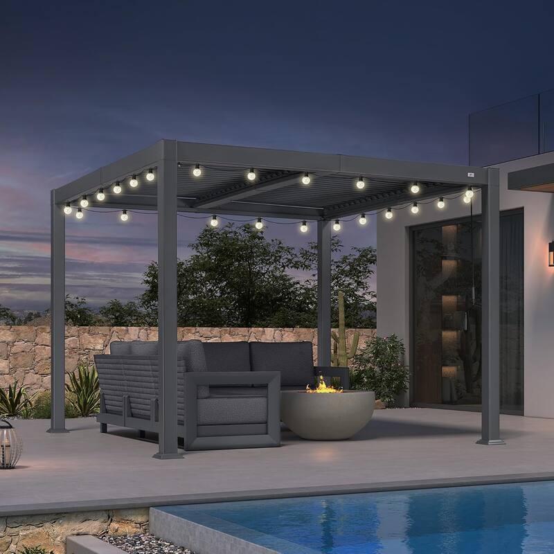 PURPLE LEAF Grey Louvered Sun Shade Pergola - Adjustable Metal Roof for Patio Hardtop Pergola - 10' x 10' - Grey(With Light)