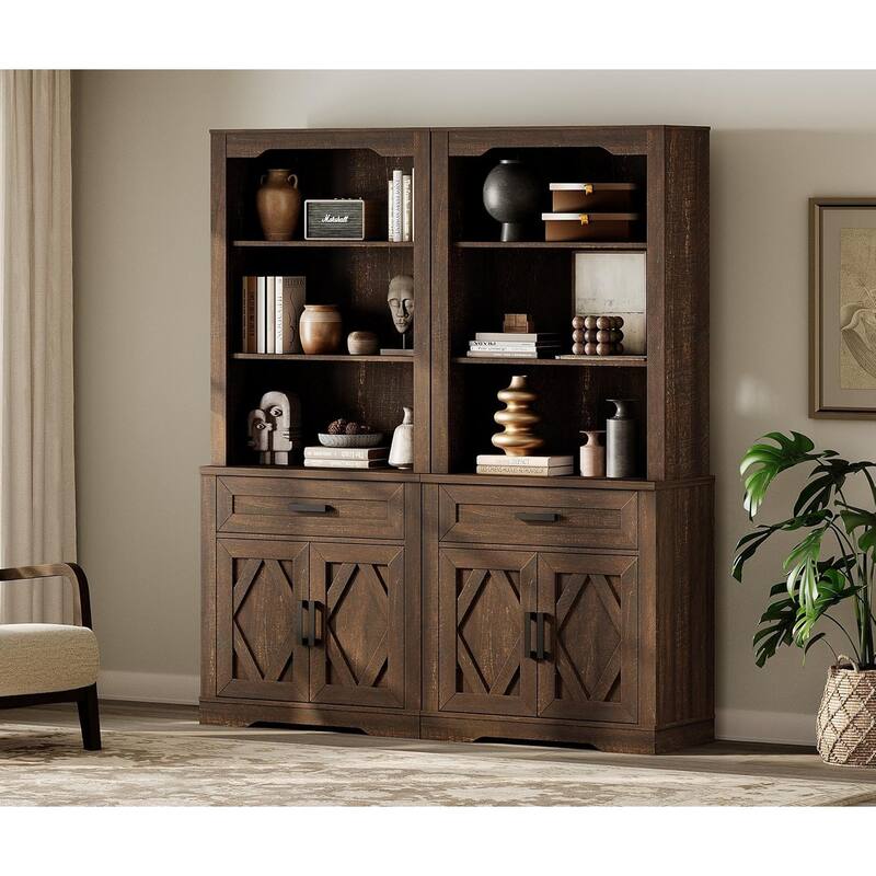 5 Tier Bookcase with Barn Door,73.3" Tall Open Storage Bookshelf - Dark Brown