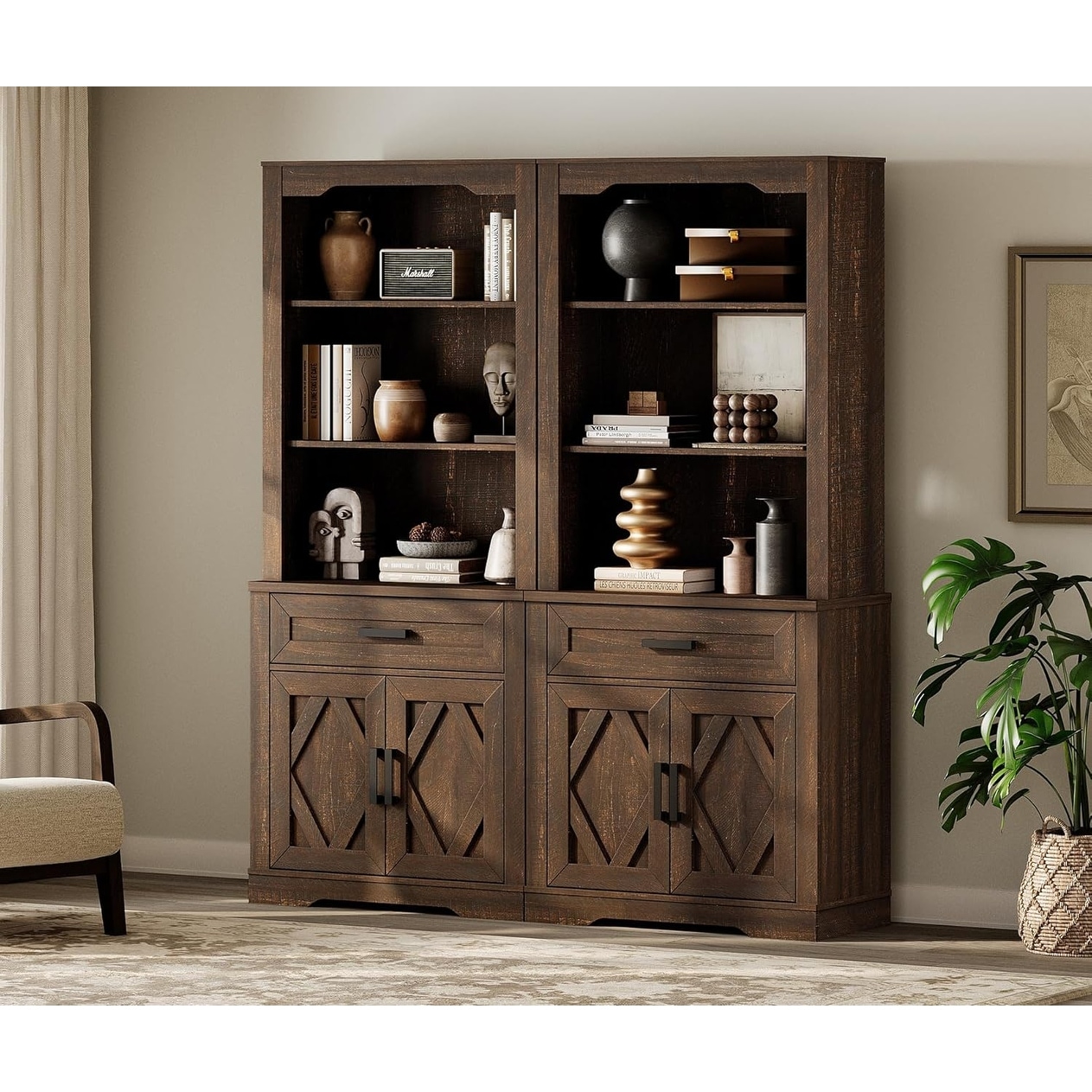 5 Tier Bookcase with Barn Door,73.3" Tall Open Storage Bookshelf