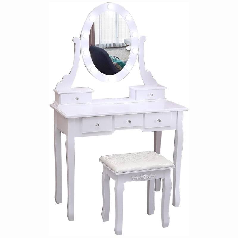 Space-Saving Makeup Vanity with LED Lights - 5 Drawer Desk and Stool