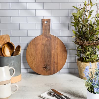 Teak Round Serving Board - Compass - 12" W x 16-1/2" L x 1/2" Thick
