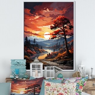 Designart "Pine Tree Crimson Serenade II" Tree Pine Framed Canvas ...