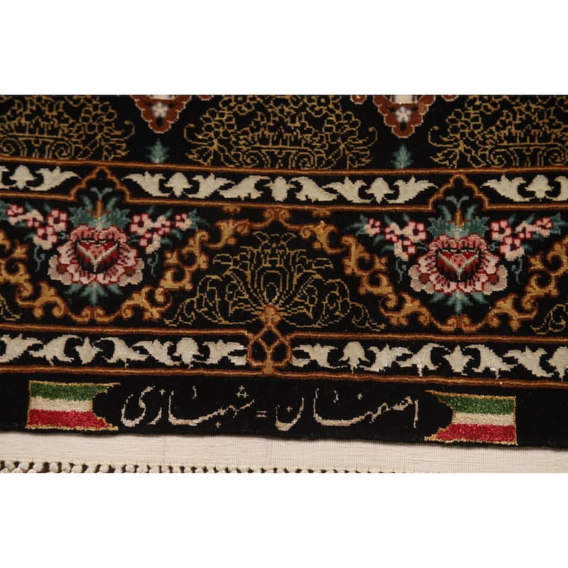 Hand Knotted Oriental 100% Wool Carpet Traditional Floral Black Isfahan Area Rug - 4' 4'' X 2' 9''