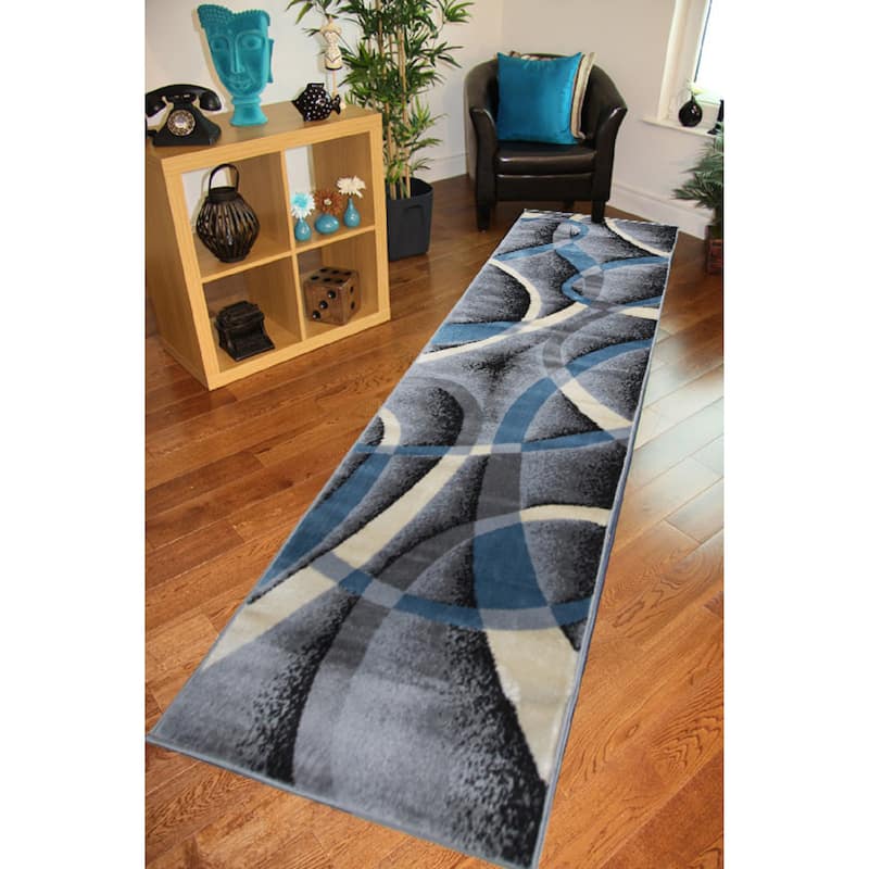 Frize Collection Conwy Polypropylene Area Rug - 3' x 8' Runner - Gray/ Blue