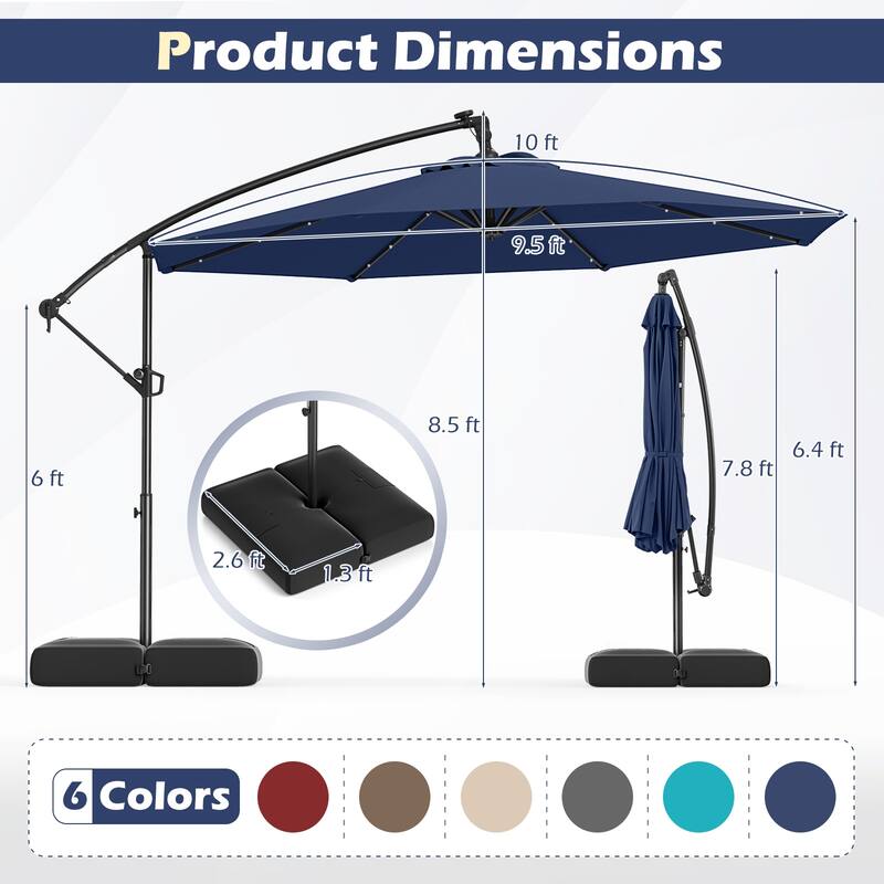 Gymax 10 FT Solar Offset Hanging Umbrella Patio Cantilever Umbrella w/