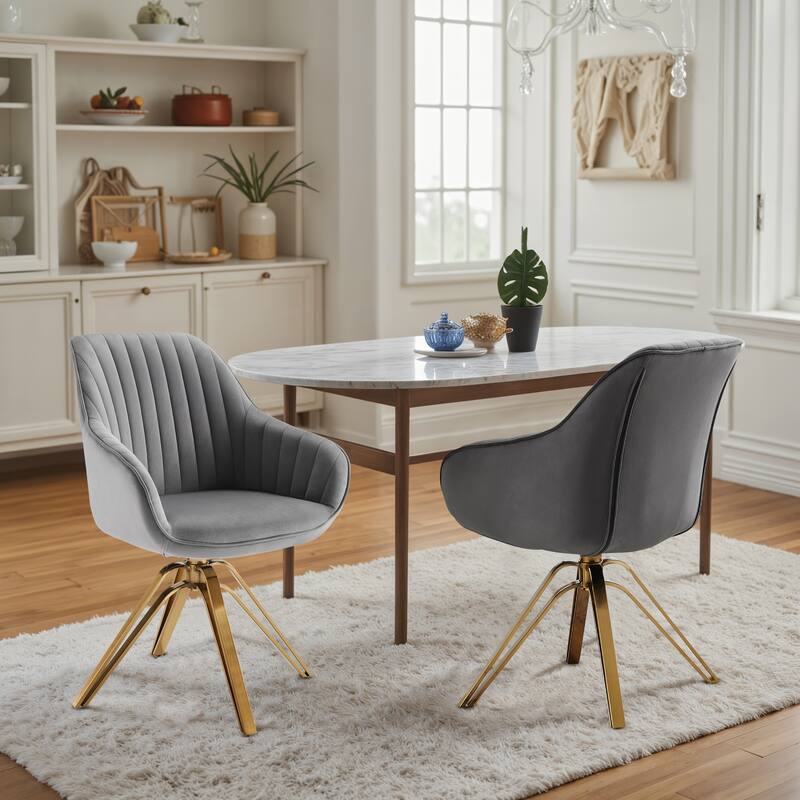 Art Leon Set of 2 Velvet Swivel Dining Chair with Golden Legs - GREY