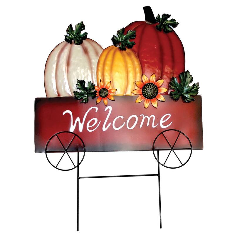 24" Welcome Pumpkins in a Cart Yard Stake