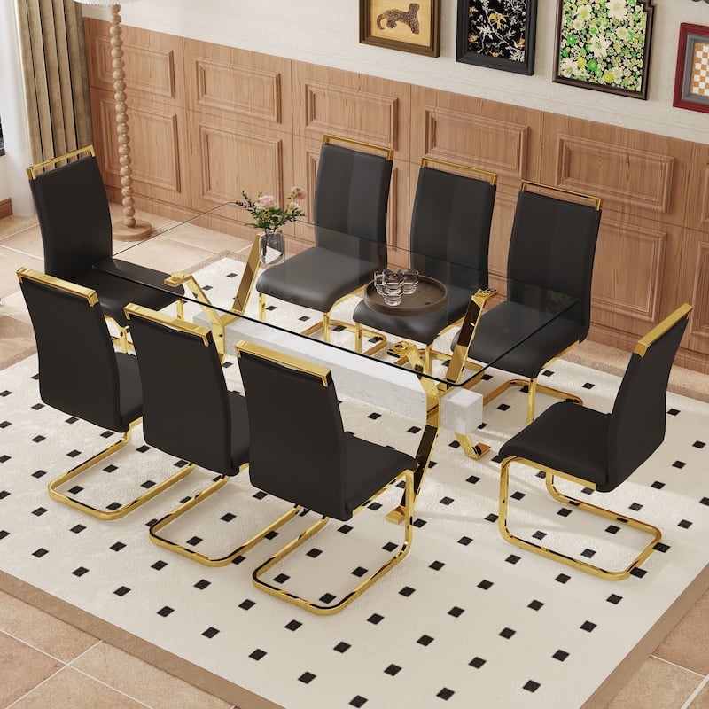 9-Piece Glass Dining Table Set for 8, 71" Rectangular Table with Gold Metal Base, 8 PU Dining Chairs for Kitchen, Dining Room - Black,Gold