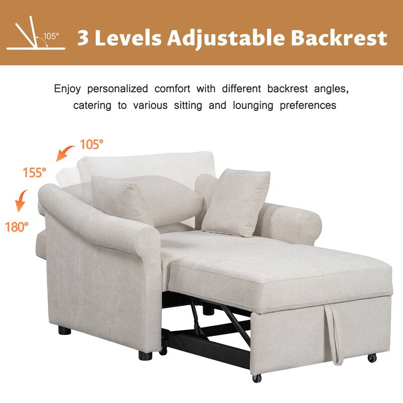 Chenille Convertible Sleeper Chair with Adjustable Backrest, 3 IN 1 Lounger Chair Turns Into Bed, Single Bed for Living Room