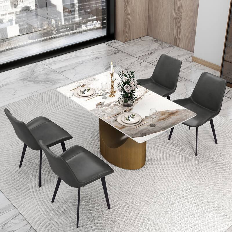 White 55 Inch Sintered Stone Kitchen Table with Solid Carbon Steel Base, Minimalist Sintered Stone Tabletop for Dining Room - Pandora