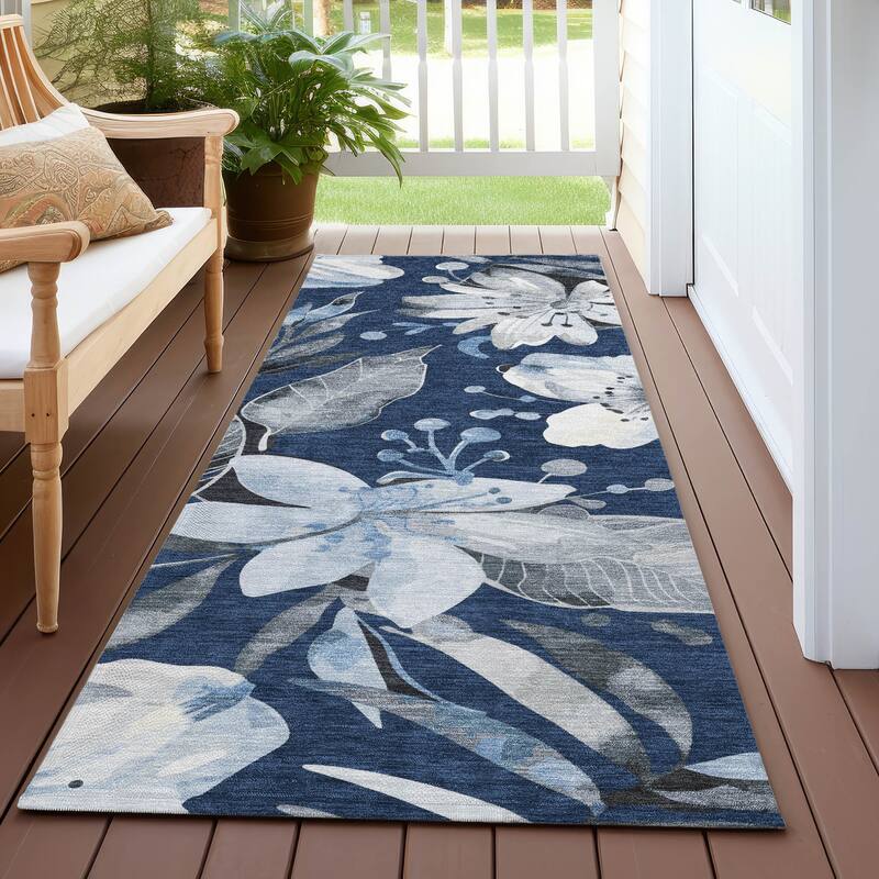 Machine Washable Indoor/ Outdoor Floral Chantille Rug - Navy - 2'3" x 7'6"