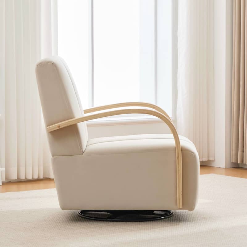 Modern Upholstered 360° Swivel Accent Chair with Solid Wood Armrests and Comfy Lounge Reading Chair, Single Sofa Armchair