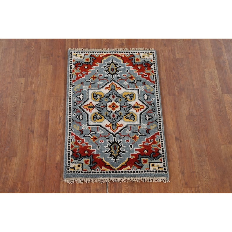 Blue Geometric Kazak Oriental Accent Rug Hand-Knotted Wool Carpet - 2'0" x 3'0"