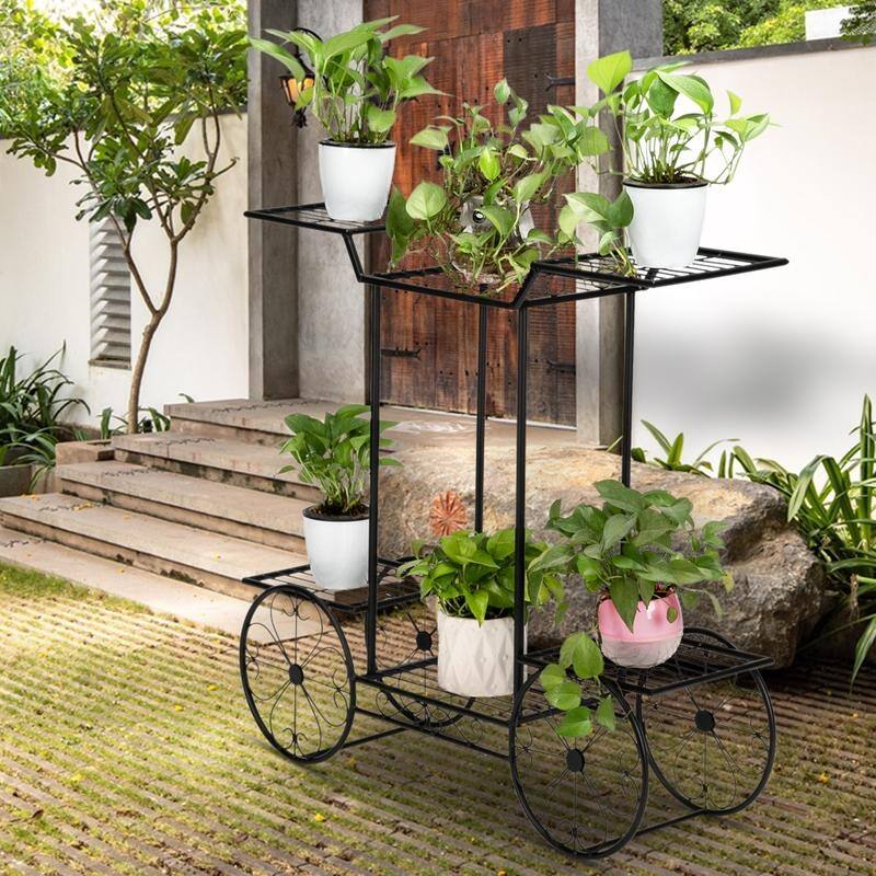 Zimtown Paint Iron Car Shape 6 Plant Stand Black