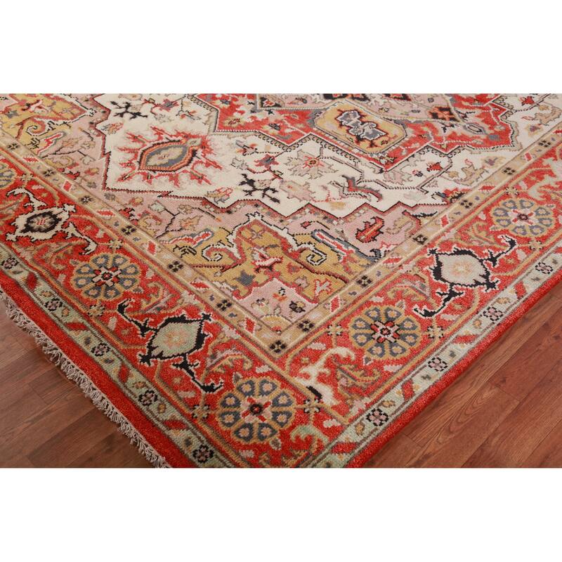Geometric Heriz Serapi Oriental Rug Handmade Beige Wool Carpet - 7'11" x 9'10"