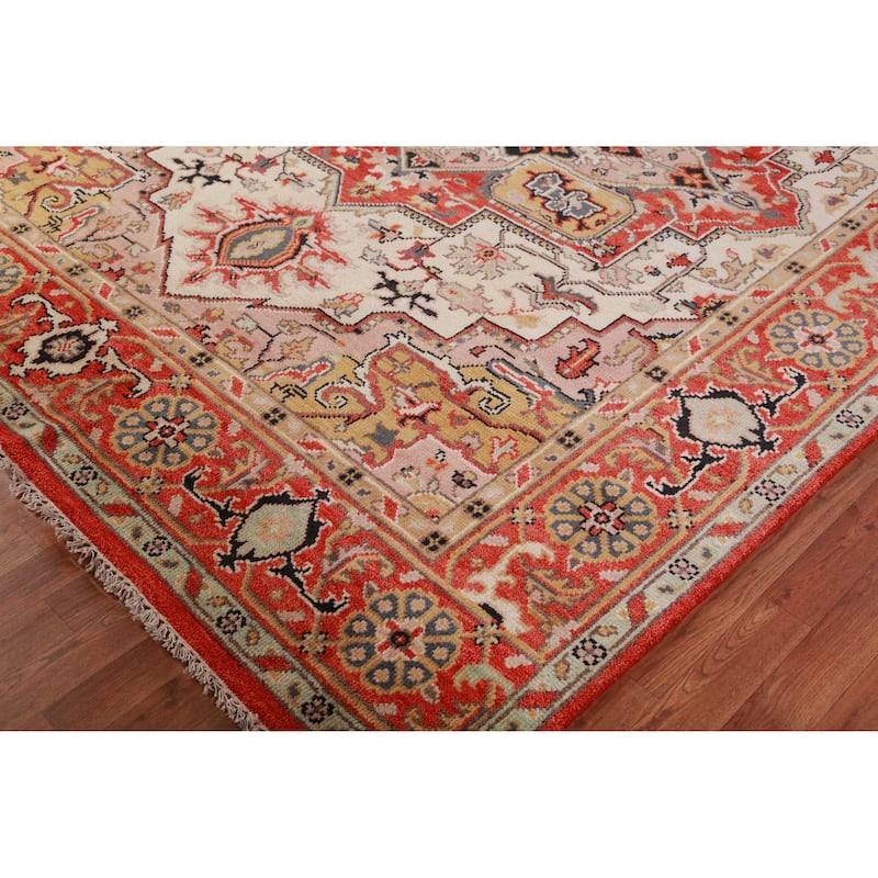 Hand Knotted Oriental 100% Wool Carpet Traditional Medallion Beige & Ivories Heriz (serapi) Area Rug - 9' 10'' X 7' 11''