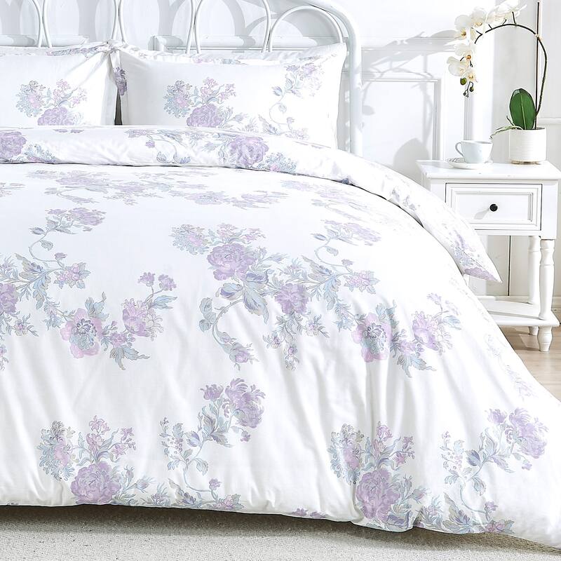 Printed Prewashed Cotton Blue Collection (Individual Set Sell Separately) - Purple Big Floral Duvet Set - King - 3 Piece
