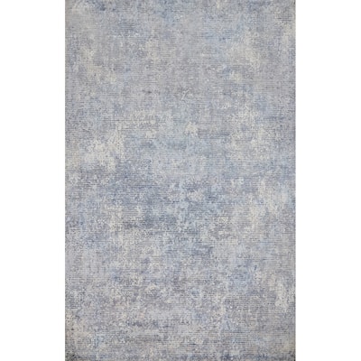Hand Knotted Oriental Viscose Silk Carpet Modern All-Over Navy Blue & Blues Abstract Area Rug - 7' 8'' X 5' 6''