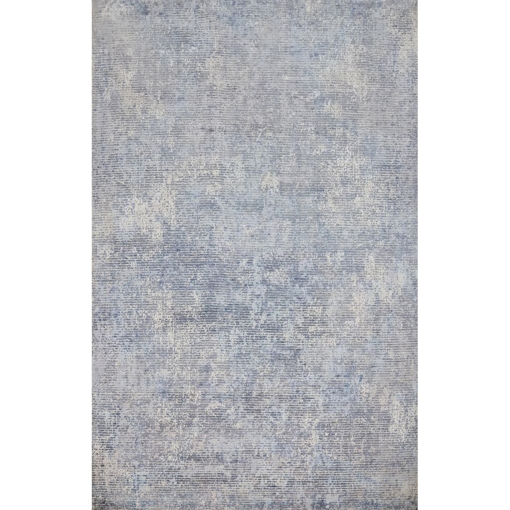 Hand Knotted Oriental Viscose Silk Carpet Modern All-Over Navy Blue & Blues Abstract Area Rug - 7' 8'' X 5' 6''