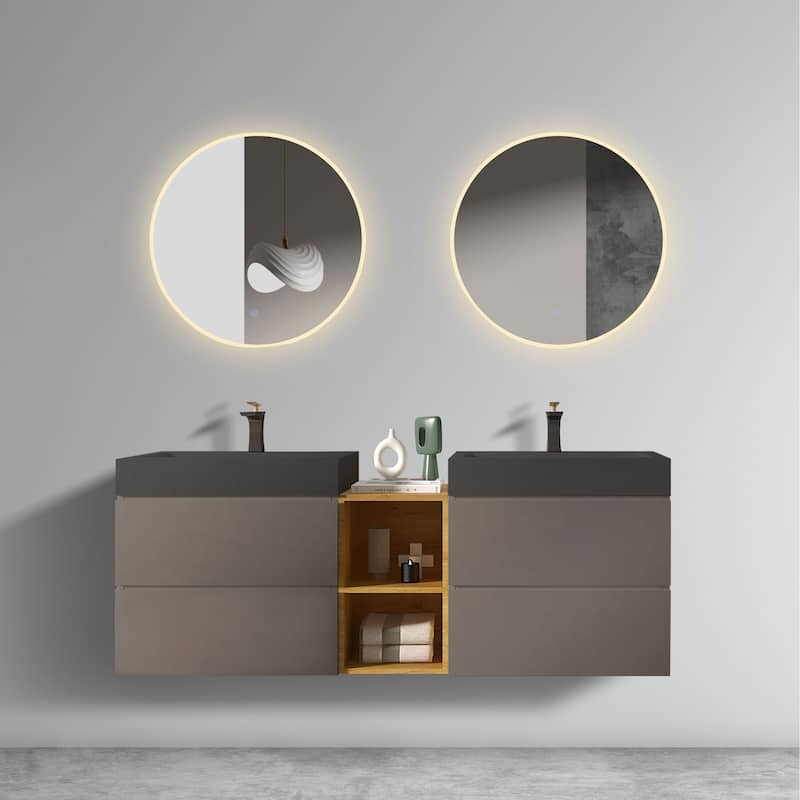 GDFStudio - Naomi Modern Floating Bathroom Vanity with Silent Drawers and Pre-Assembled One-Piece Sink - Light Gray - 60"